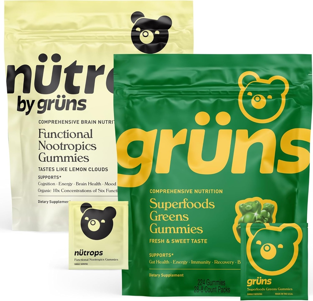 Gruns Superfood Green + Nouveau Nütrops Gummy Bundle, Supplément nutritionnel biologique 2 x 28 Pack: Multivitamine, prébiotiques, adaptogènes + Supplément à base de champignons nootropes pour soutenir l'humeur, Focus, Gut