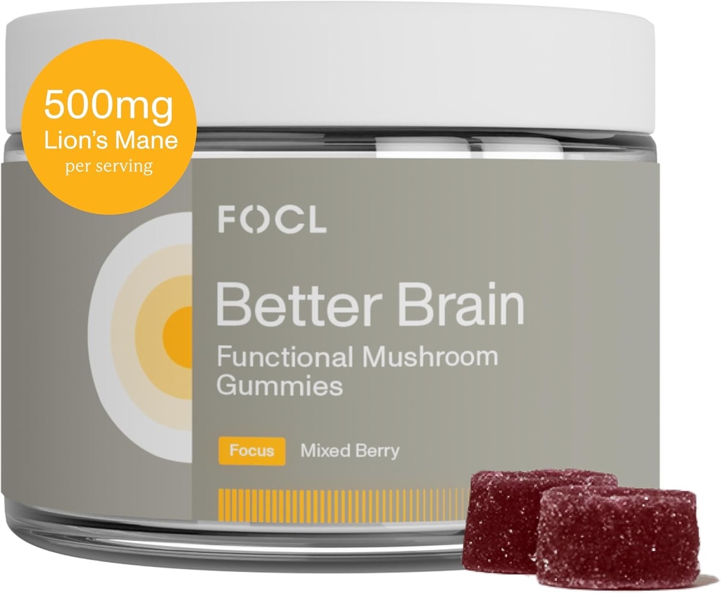 FOCL Lions Mane Mushroom Gummies - Supplément de champignons pour la fonction cérébrale, Focus, Mémoire, Énergie, Immune Boost, Stamine - Complexe Nootropique Lion's Mane, Reishi, Cordyceps - Vegan, Sans gluten, Organique