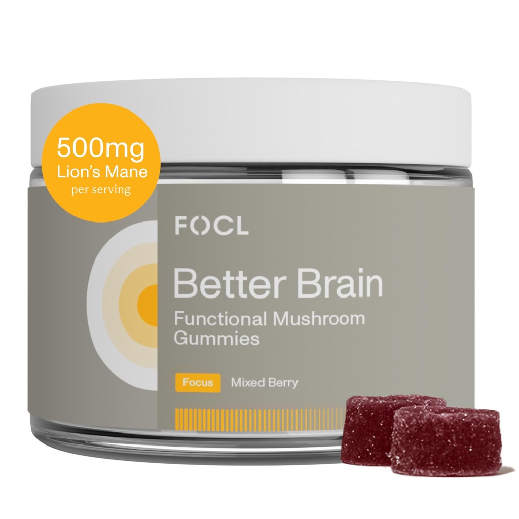 FOCL Lions Mane Mushroom Gummies - Supplément de champignons pour la fonction cérébrale, Focus, Mémoire, Énergie, Immune Boost, Stamine - Complexe Nootropique Lion's Mane, Reishi, Cordyceps - Vegan, Sans gluten, Organique