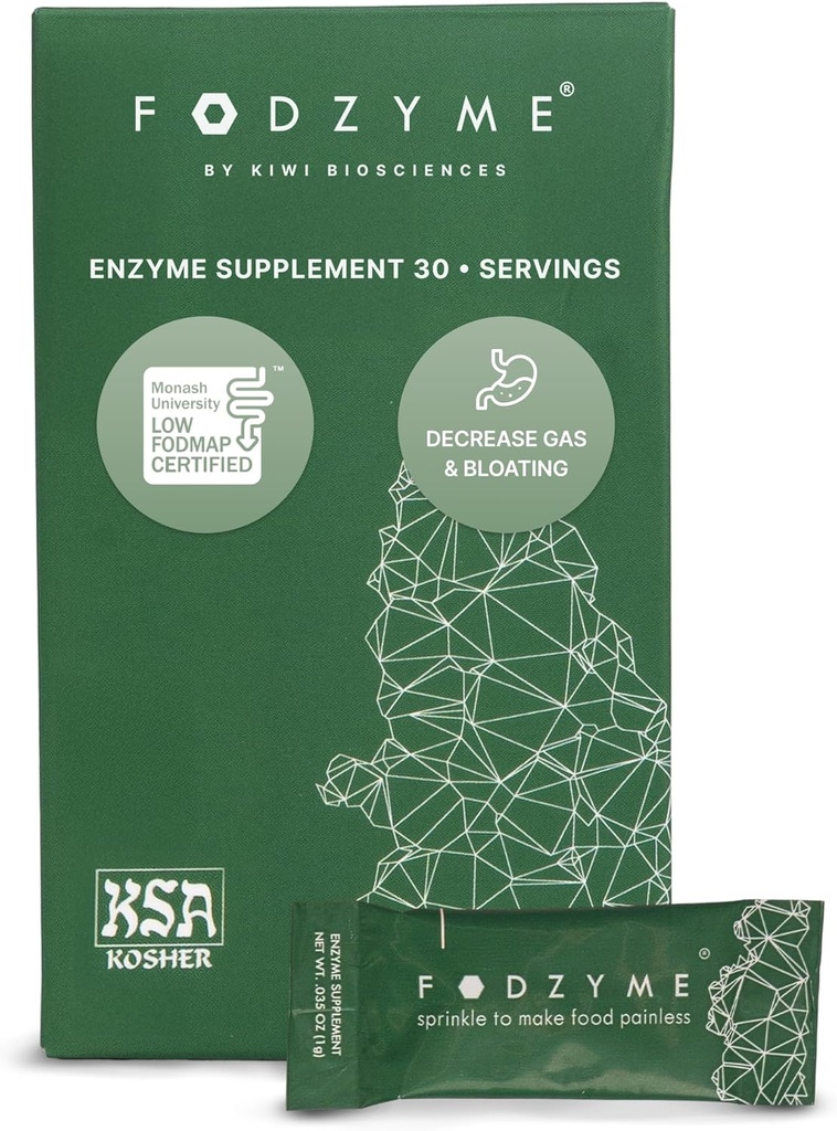 FODZYME® Enzymes digestifs sur le pouce pour la santé des intestins, soulagement de l'éblouissement, gaz, constipation, diarrhée, douleur abdominale, faible FODMAP, 30 doses