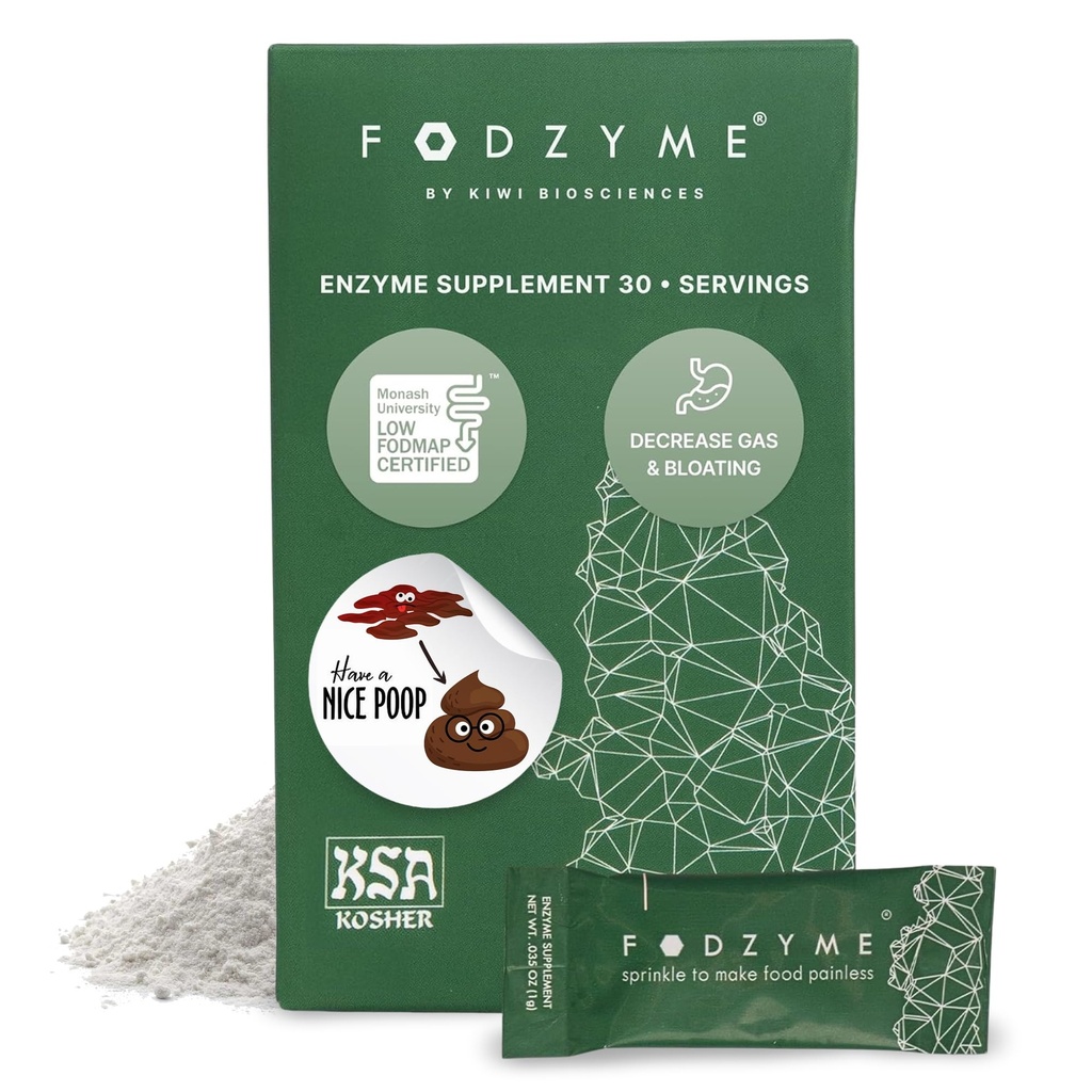 FODZYME® Enzymes digestifs sur le pouce pour la santé des intestins, soulagement des ballonnements, gaz, constipation, diarrhée, douleur abdominale, faible FODMAP, 30 doses