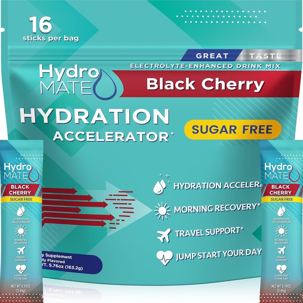Poudre d'électrolyte Packs d'hydratation sans sucre Cerise noire HydroMATE 16 bâtons