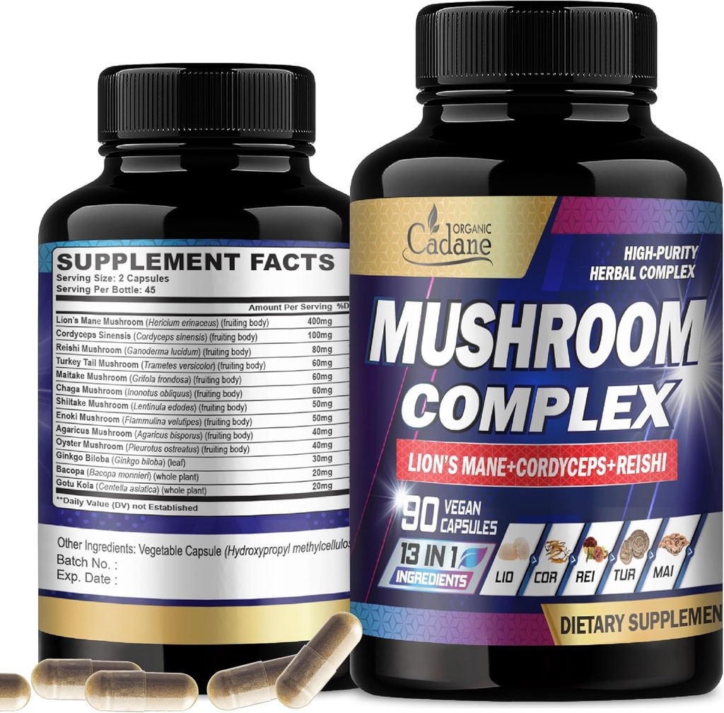 Compléments organiques complexes de champignons Cadane - Santé du cerveau, système immunitaire, mémoire et production d'énergie - 13en1 avec champignons Lions Mane, Bacopa, Reishi et plus - 90 Capsules Vegan