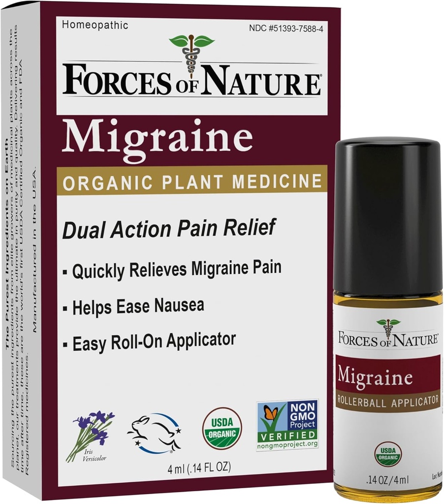 Forces of Nature Natural, Organic Migraine Pain Relief Topical Roll-on, Supports Prodrome, Aura, Headache, Fatigue, Light and Sound Sensitivity, Nausea Associated with Migraines, Non-GMO, 0.14 Fl Oz