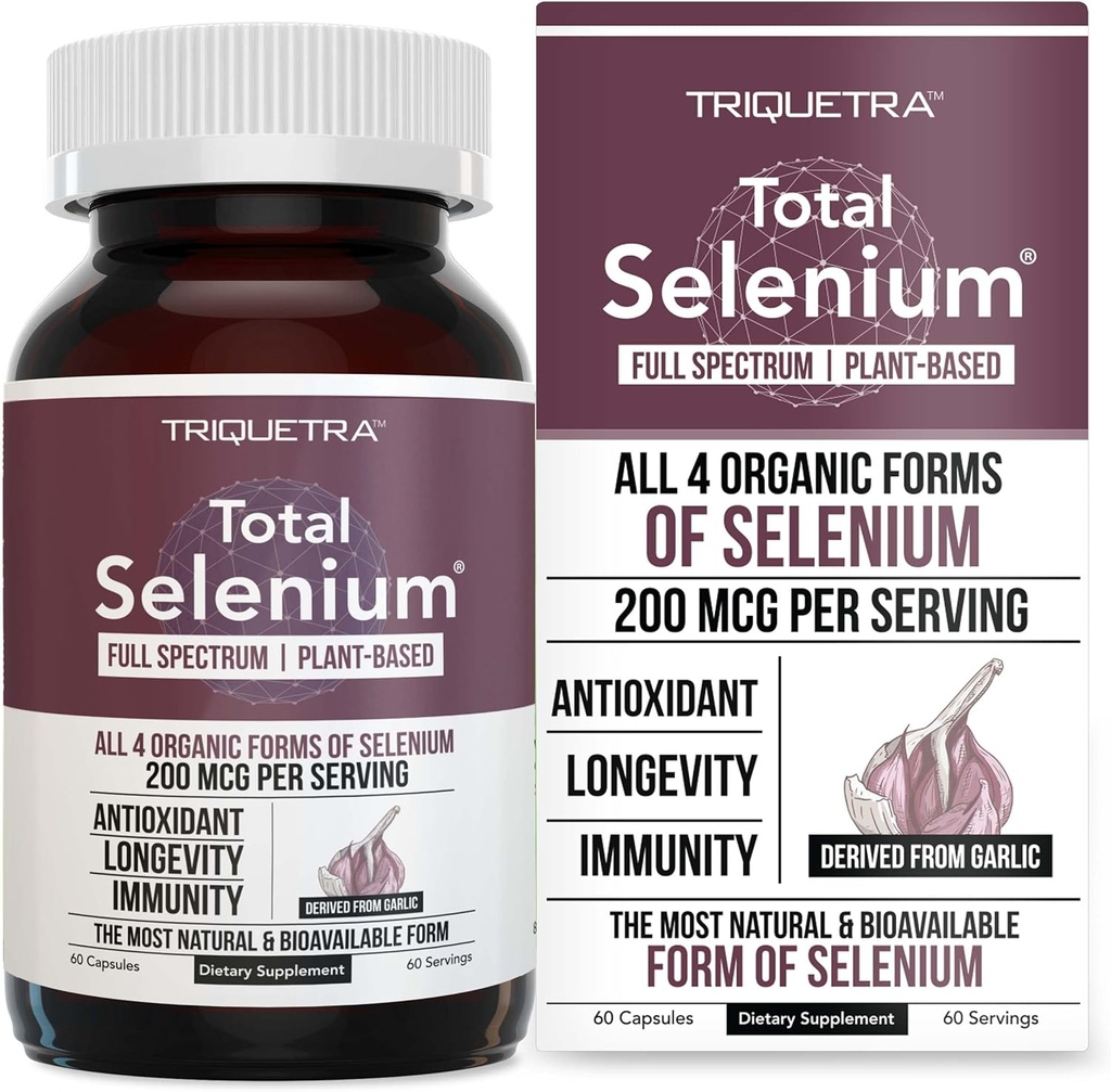 Sélénium total - 200 mcg, Sélénium végétal - Plein spectre, contient 4 formes organiques essentielles de sélénium incluant la sélénométhionine - dérivé de l'ail - 60 capsules