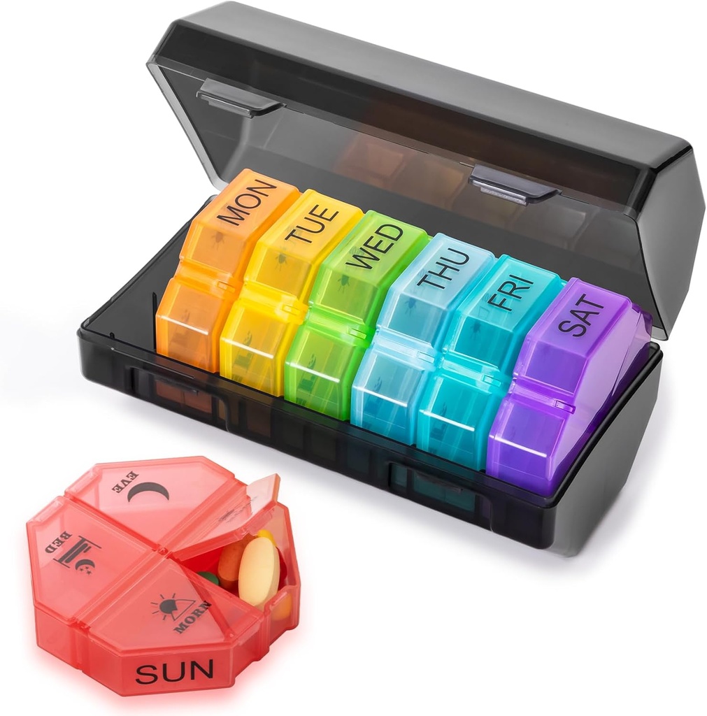 Organisateur hebdomadaire de pilules 4 fois par jour, grande boîte à pilules 7 jours quotidien cas de pilules avec 28 compartiments extra grand portable conteneur de pilules de voyage grand organisateur de médecine pour supplément vitamine (Rainbow)