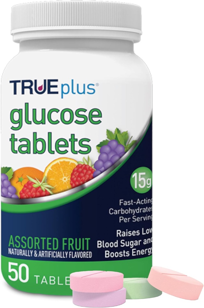 Comprimés de glucose TRUEplus®, arômes assortis (grape, framboise, orange) - Flacon de 50ct (1)