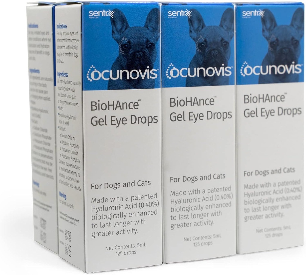 Sentrx - Gouttes oculaires en gel d'ocunovis pour chiens et chats avec yeux secs, gouttes oculaires hydratantes pour chats et chiens avec acide hyaluronique, larmes artificielles non-brillantes et non-brillantes, 5 ml, 6 paquets