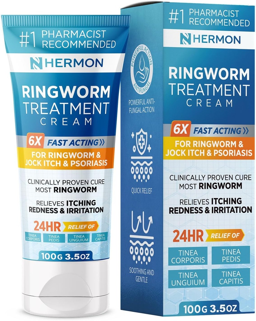 Hermon Powerful Antifungal Ringworm Cream - Effective Treatment for Stubborn Ringworm, Jock Itch, Eczema, Tinea Versicolor, Athlete's Foot - for Adults and Kids - 100ml