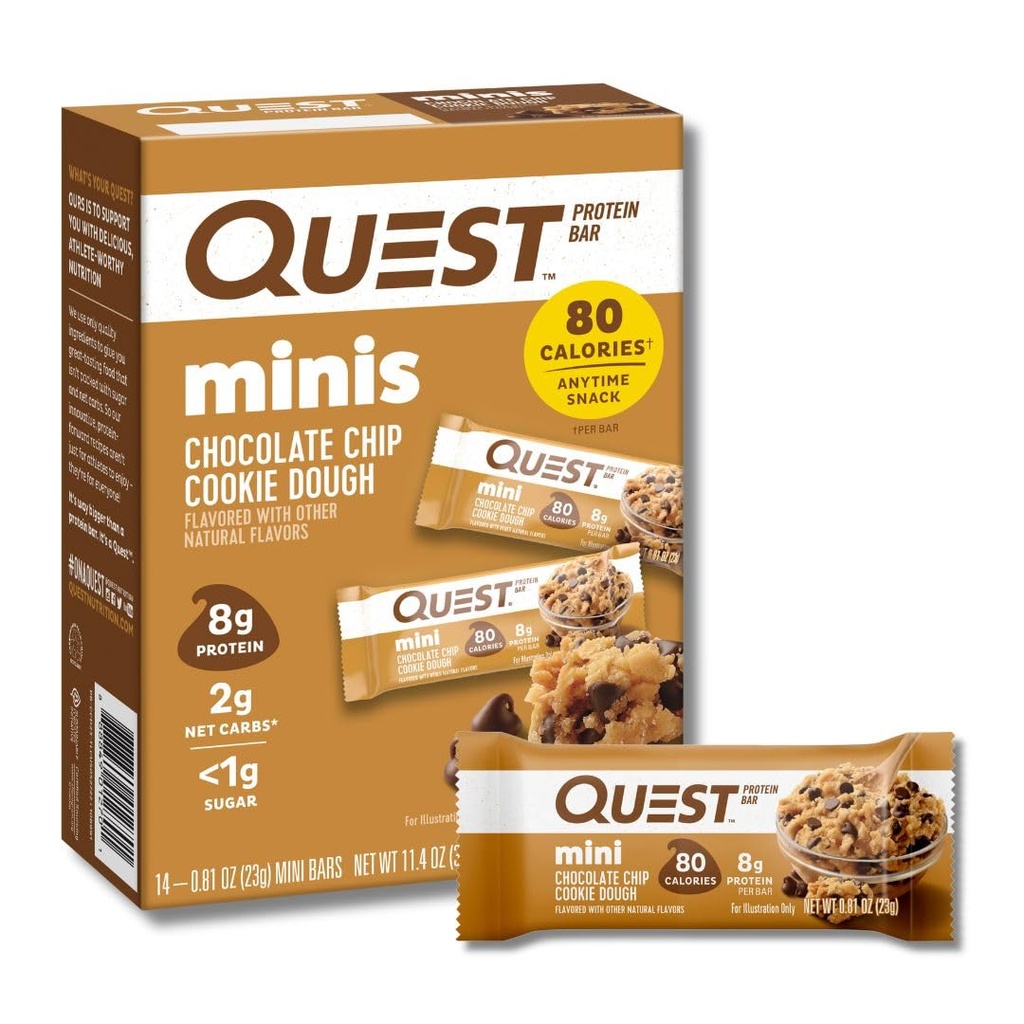 Quest Nutrition Mini Chocolate Chip Cookie Dough Protein Bars, 8g de protéines, 1g de sucre, 2g de glucides nets, sans gluten, 14 Compte