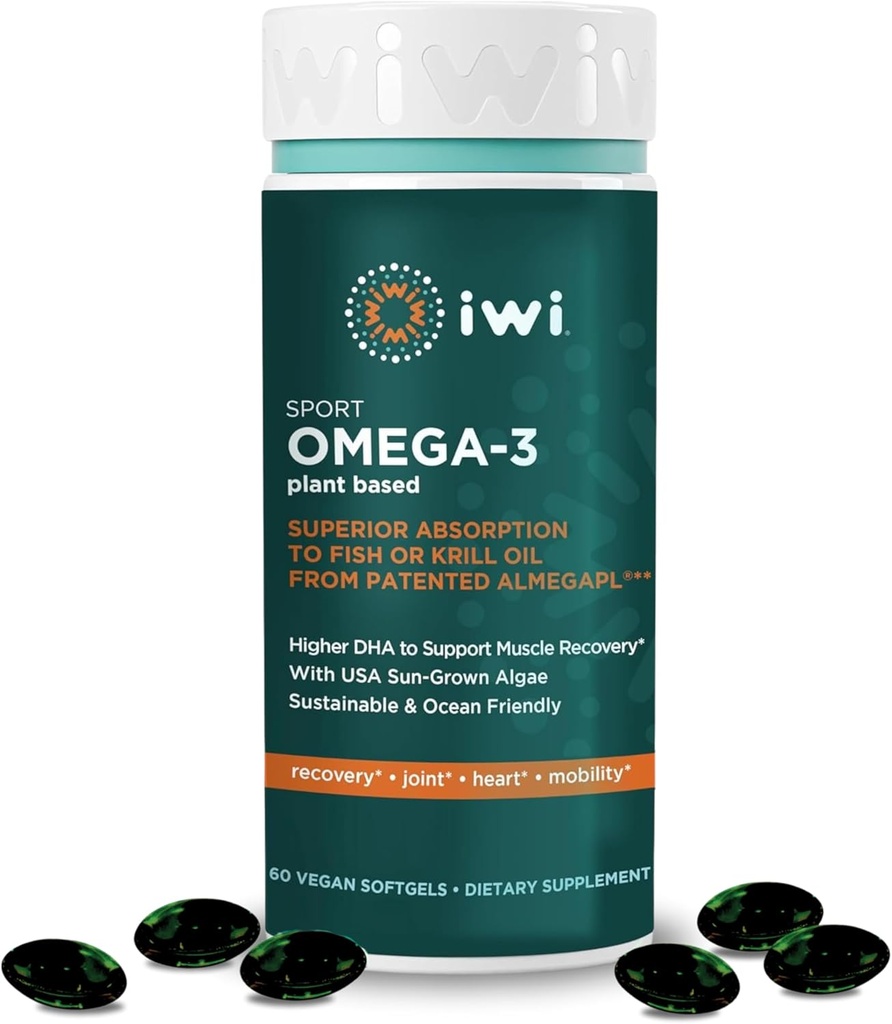 Iwi Omega-3 Sport, 60 Softgels (30 Servings), Plant-Based Vegan Algae Omega 3 with DHA, Exercise Recovery Support Dietary Supplement, Krill & Fish Oil Alternative, No Fishy Aftertaste