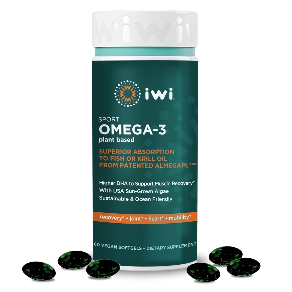 Iwi Omega-3 Sport, 60 Softgels (30 portions), Algae Omega 3 végétalien à base végétale avec DHA, soutien à la récupération de l'exercice supplément alimentaire, krill et huile de poisson alternative, sans arrière-goût de poisson