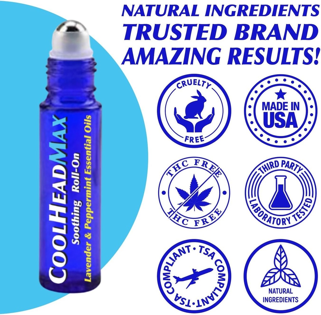 CoolHead Max Roll on, Huile essentielle de menthe poivrée naturelle Relief de migraine, Rouleau de soutien des maux de tête, Confort de refroidissement rapide pour votre tête, 3 Pack