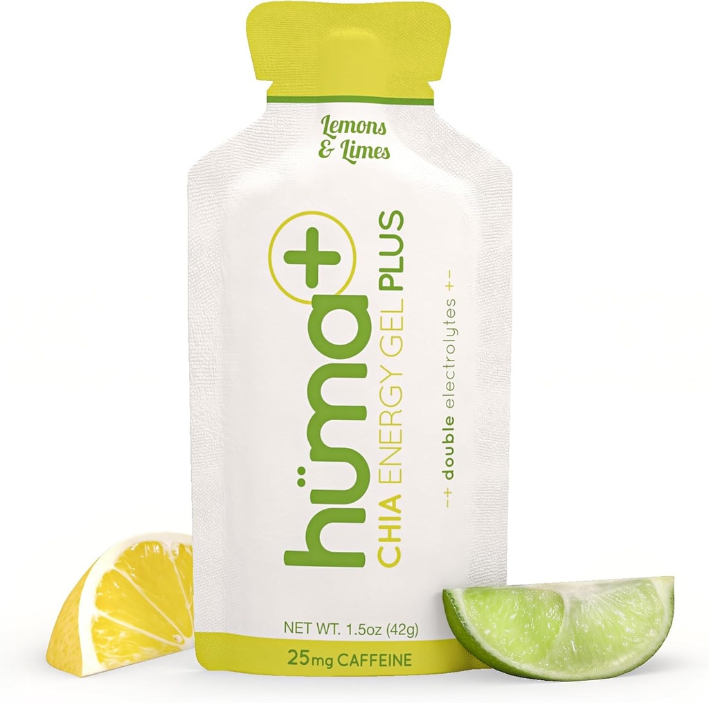Huma Plus (Double Electrolytes) - Chia Energy Gel, Citron Lime, 12 Gels, 25mg Caféine - Stomach Friendly, Gels d'énergie alimentaire réelle