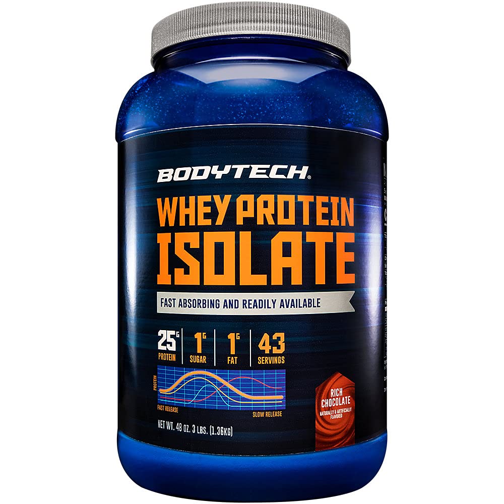 BODYTECH Whey Protein Isolate Powder - Riche saveur de chocolat - Supplément de protéines premium pour la croissance et la récupération musculaires - Formule à faible teneur en glucides et haute teneur en protéines pour la performance (3 lb/ 43 portions)