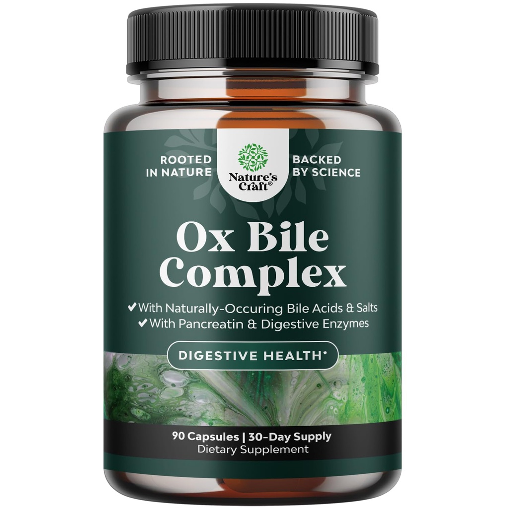 Enzymes digestifs avec Bile à Ox - Suppléments Bile à Ox pour pas de vérin avec Trypsine, Papaine & Bromelain Enzyme pour Nettoyage Pancréase & Détox - Enzymes Digestion Pancréatine pour Femmes & Hommes - 90 Ct