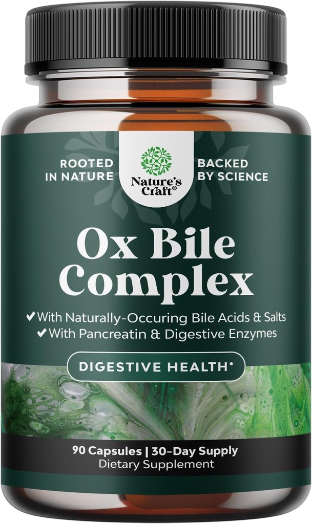 Enzymes digestifs avec Bile à Ox - Suppléments Bile à Ox pour pas de vérin avec Trypsine, Papaine & Bromelain Enzyme pour Nettoyage Pancréase & Détox - Enzymes Digestion Pancréatine pour Femmes & Hommes - 90 Ct
