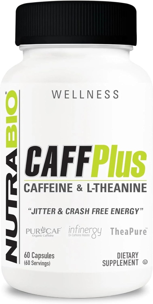 NutraBio CaffPlus, caféine double source avec Theanine pour une énergie saine - 60 capsules végétales