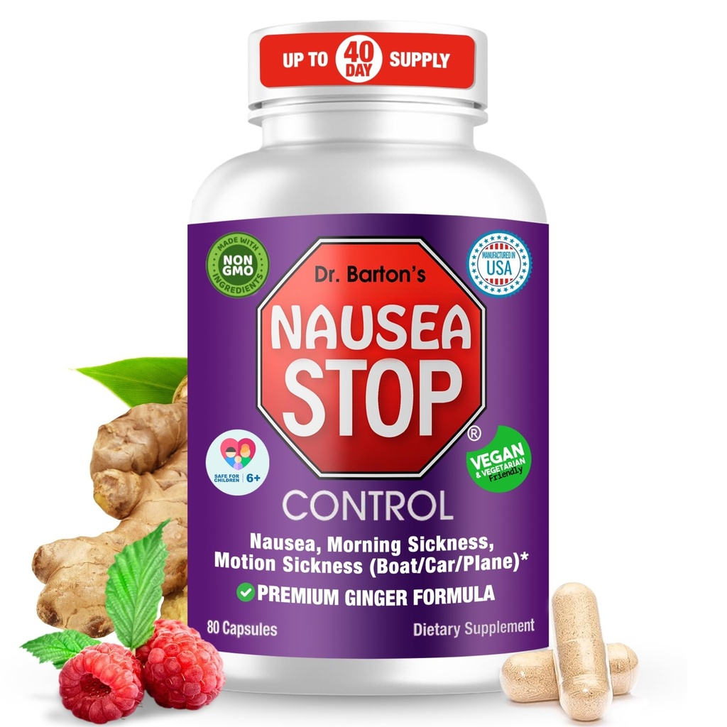 M. Barton Stop Nausées - Gingembre naturel, pilules de secours pour les adultes et les enfants, antinausées, estomac relevé, maladie du matin et grossesse Nausées - essentiels de voyage - 80 capsules (1 paquet)