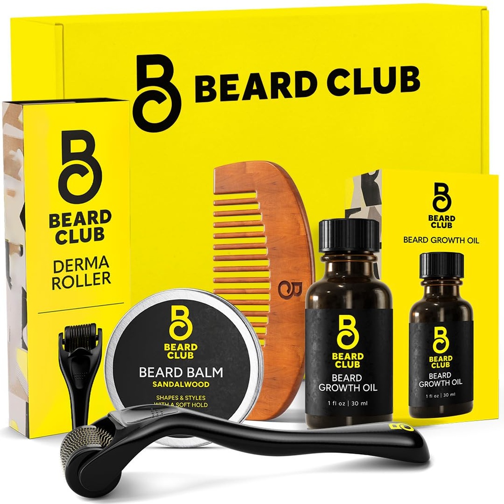 The Beard Club Beard Growth Kit - Derma Roller, Beard Growth Oil, Sandalwood Balm, Comb - Gift Set