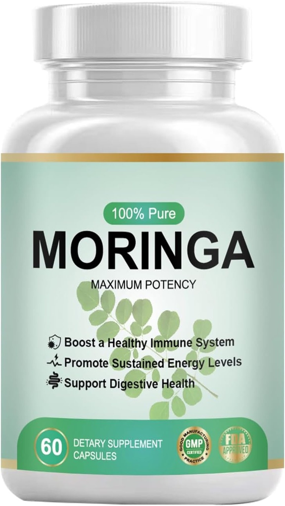 Pure Organic Moringa Powder Capsules - Moringa Supplément pour les femmes et les hommes - Multivitamine de la nature, vert végétalien, sans gluten, sans OGM - Énergie, peau, métabolisme, Gut & Immune Support - 60 Capsules