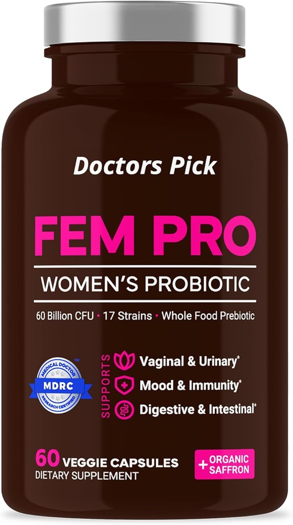 Fem Pro Probiotiques pour les femmes. 17 Straines cliniquement efficaces pour le soutien vaginal, digestif et immunitaire, la santé urinaire, l'équilibre du pH et l'humeur. 60 Capsules de légumes, 2 mois d'approvisionnement