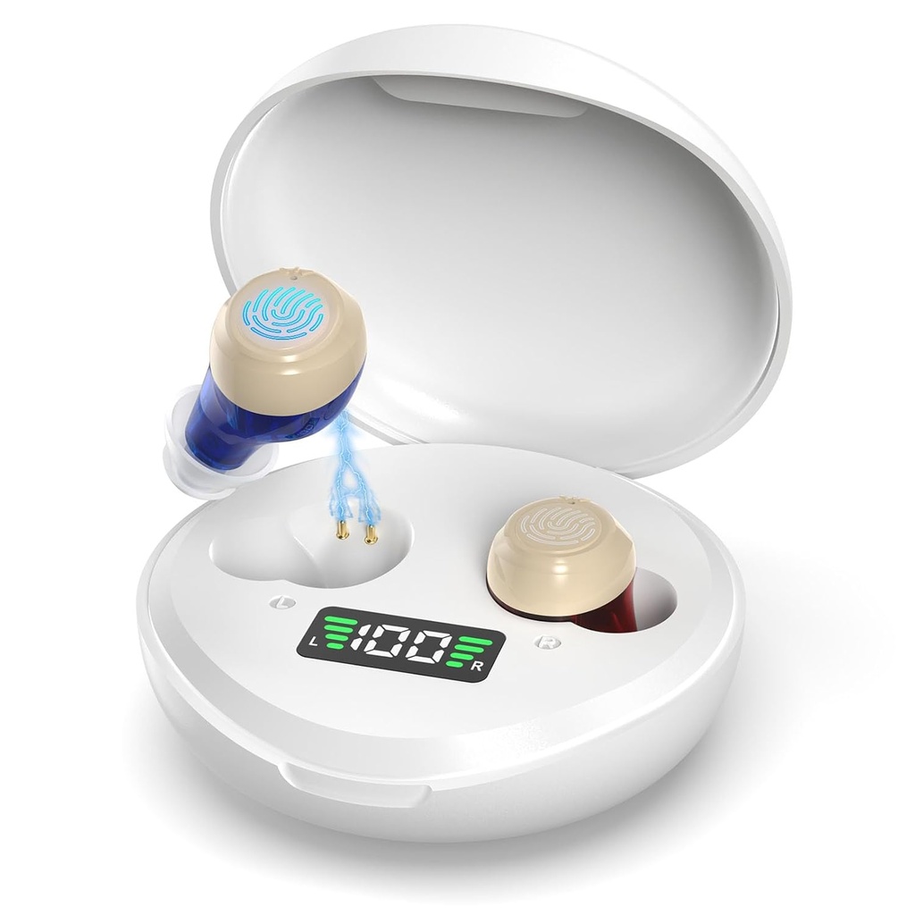 Aides auditives pour personnes âgées, aides auditives rechargeables avec affichage numérique, aides auditives portatives avec annulation de bruit, amplificateur d'audition mini amélioré pour perte auditive personnelle (blanc)