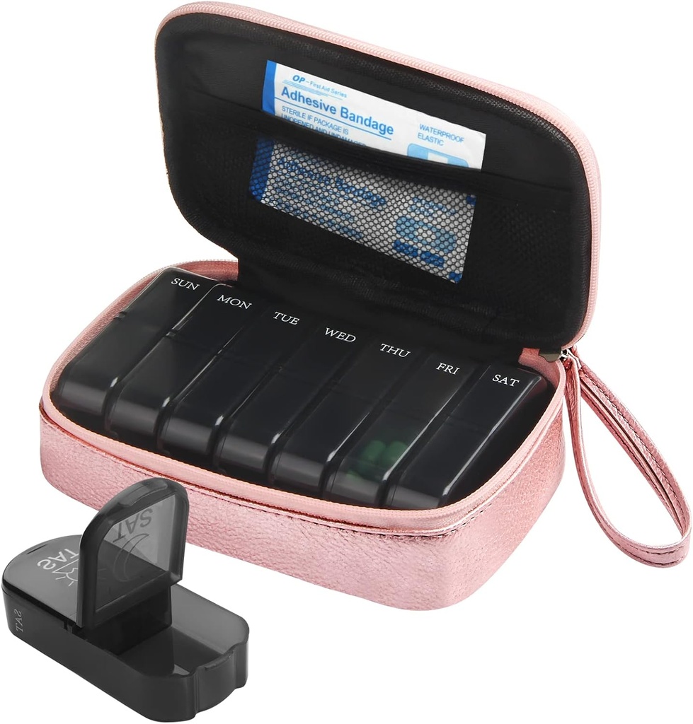 Weekly PU Leather Pill Bag Organizer Case 2 Times a Day, AM PM Daily Pill Box to Hold Vitamin, Fish Oil, Supplements and Medicine (Pink)
