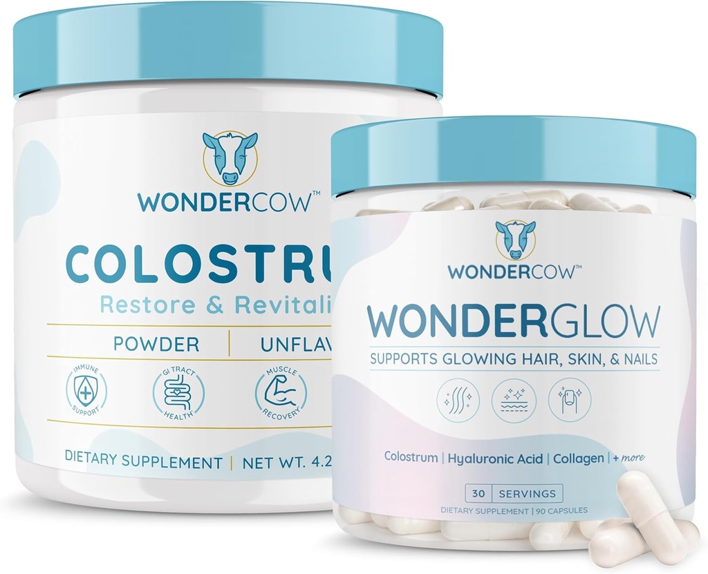 WONDERCOW Colostrum Unflavored + WonderGlow Hair Skin and Nails Vitamins, Support Faster Hair Growth, Stronger Nails and Glowing Skin