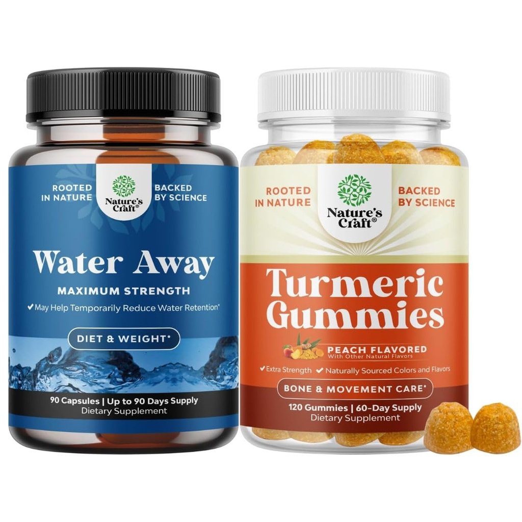 Ensemble de liquide de rétention d'eau à l'écart avec extrait de feuille de dandelion et thé vert pour le soulagement de ballonnement et les gummies curcuma pour adultes Peach Flavor - Curcumine curcuma avec extrait de poivre noir et gingembre
