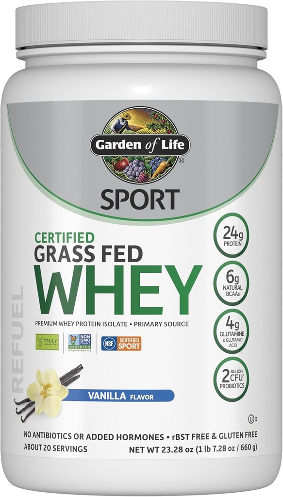 Garden of Life SPORT Whey Protein Powder Vanilla, Isolate de protéines de farine de graminée et probiotiques pour la santé du système immunitaire, 24g de protéines, non OGM, sans gluten, traité à froid - 20 portions