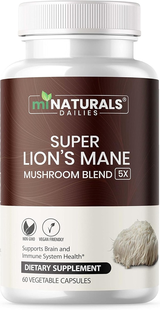 MINATURAUX Lions La Mane Complément Capsules - 5 Complexe de Champignons Aide avec le système immunitaire et la santé cérébrale - Chaga, Reishi, Shiitake, Lions Mane et Maitake Extraits de Champignon