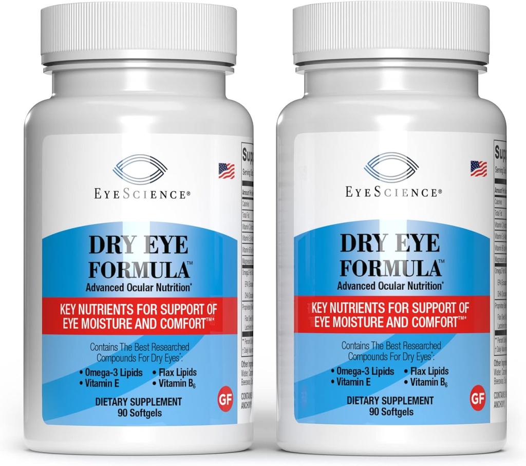 EyeScience - Formule des yeux secs - 90 Softgels - pour le soulagement, Omega-3, Vitamines E, C & B6, Magnésium - Production de la tear et confort durable - 2 Pack