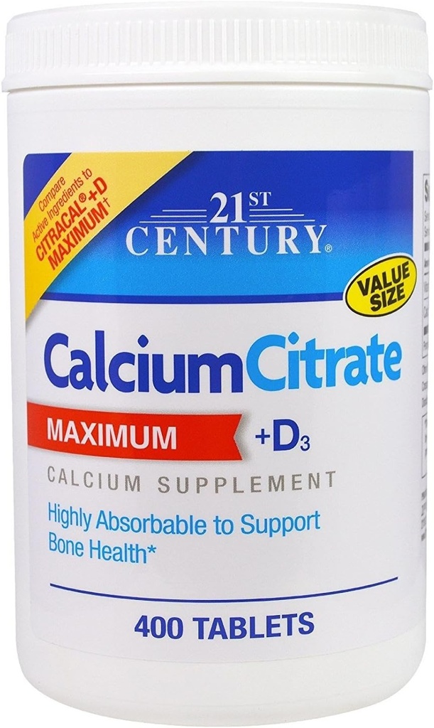 Citrate de calcium du 21e siècle + D3, 400 comprimés par bouteille (2 paquets)