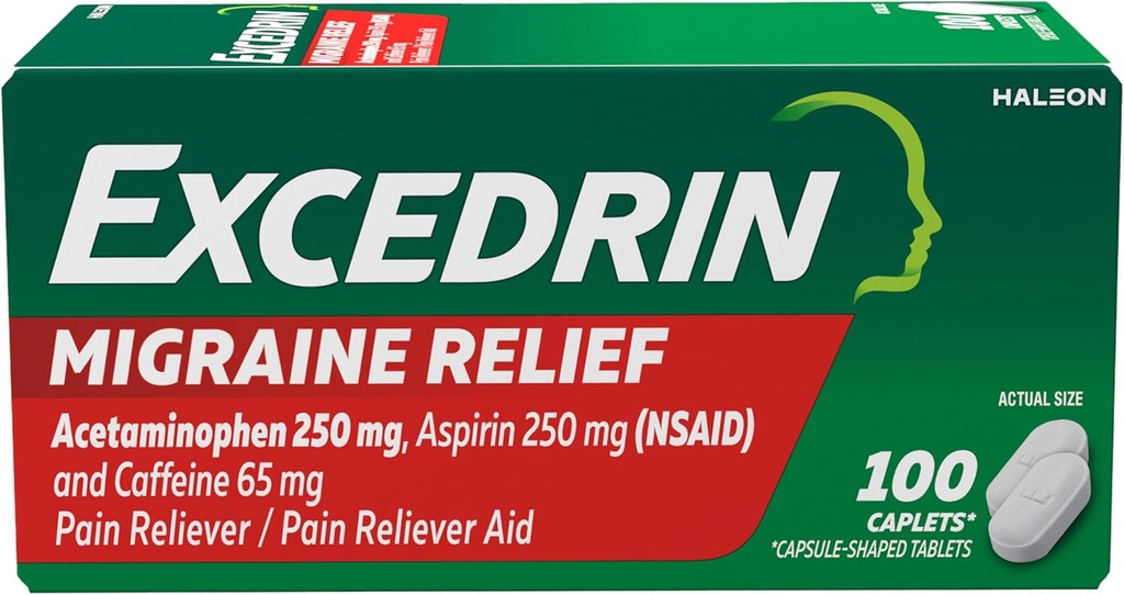 Excédrine Caplets de soulagement de la migraine pour symptômes de la migraine, acétaminophène 250mg, aspirine 250mg, caféine 65mg, analgésique, 100 Compte