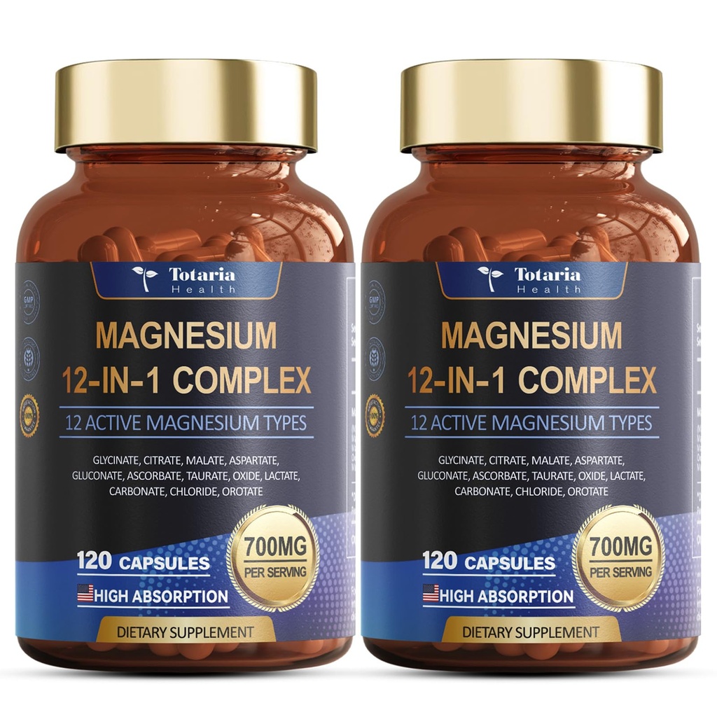 Magnésium Complexe 700mg 12 en 1 Magnésium Supplément avec Glycinat Citrate Malate Oxide Taurate Aspartate Orotate Magnésium Relaxation, Muscle,Heart Support, Vegan 120 Capsules 2PK