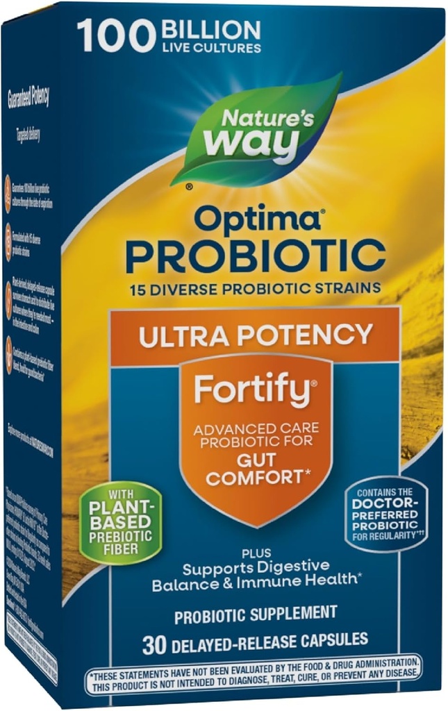 Nature's Way Fortify Optima Probiotique pour les adultes, 100 milliards de cultures vivantes, 15 souches, soutient la santé digestive et immunitaire*, fibre prébiotique végétale, 30 capsules (paquetage mai vary)