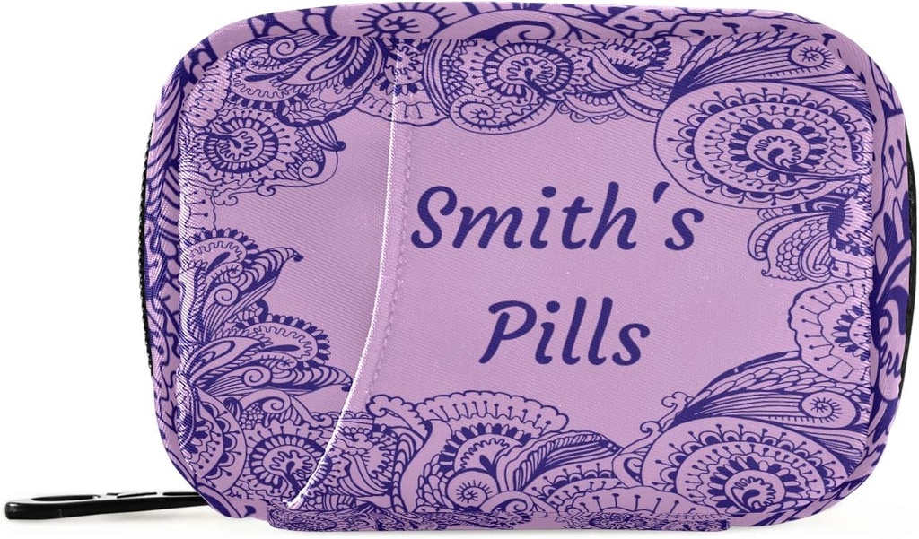 Custom Pill Box 7 Day Pill Case Bag Purple Floral Paisley Nom personnalisé Travel Pill Organizer Bag with Zipper Portable Weekly Case Compact Size for Vitamine Supplement Holder