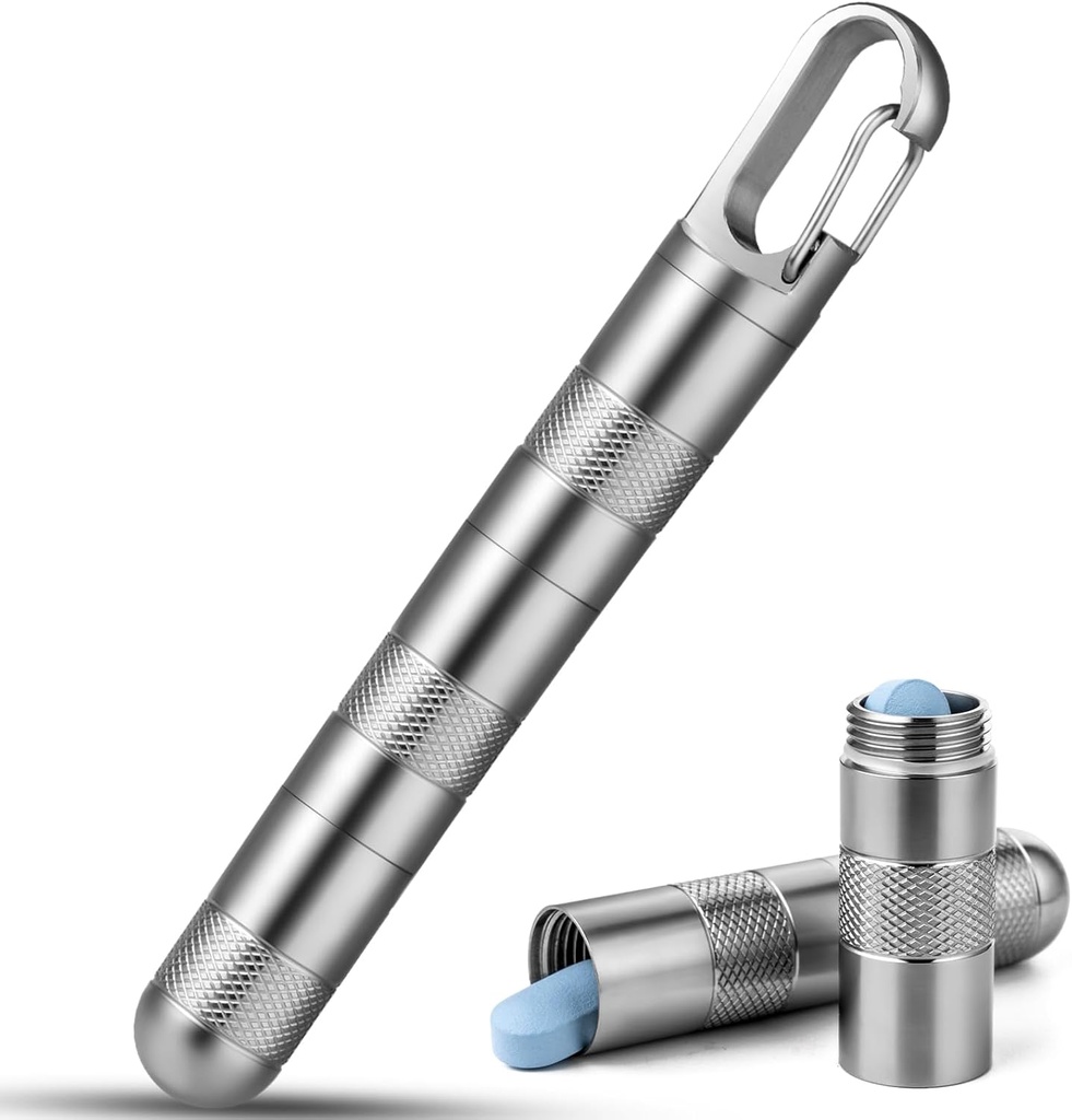 TISUR Petite boîte à pilules en titane, Porte-pilule à chaîne de clés, Conteneur de boîte à pilules portable, Organisateur de pilules de voyage Flacon en métal imperméable,Compartiment amovible (Gray Titanium Large -3.26 pouces)