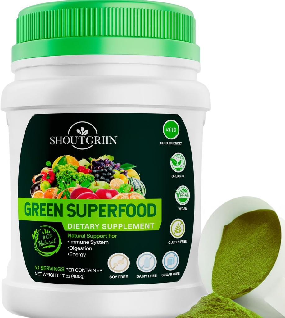 Poudre verte Superfood – Boissons bio Super Greens pour Bloating, Energy & Digestion – Supplément quotidien de détox végétalien avec Spiruline, Chlorella, Prébiotiques – 53 portions