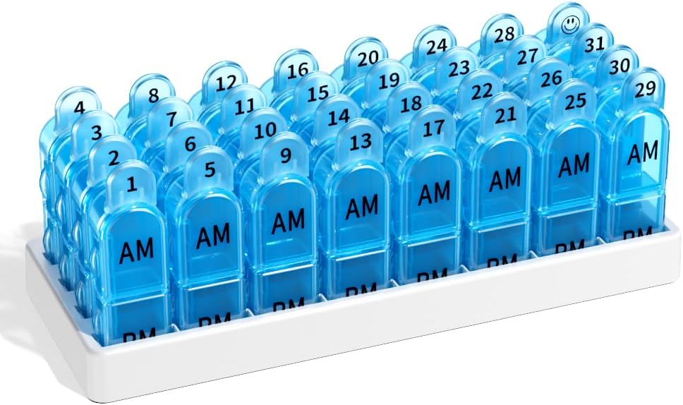 Monthly AM/PM Pill Organizer - Color & Number-Coded 30/31-Day Pill Box with Secure Lids, BPA-Free & Travel-Friendly Design | Large Compartments for Vitamins, Supplements, Medications（Blue