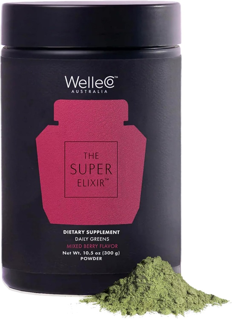 WelleCo La poudre quotidienne Super Elixir Greens, mélange de boissons probiotiques avec des aliments entiers, sans gluten, poudre santé Gut végétalien, énergie, immunité, peau saine, cheveux et ongles (300g, baie mixte)