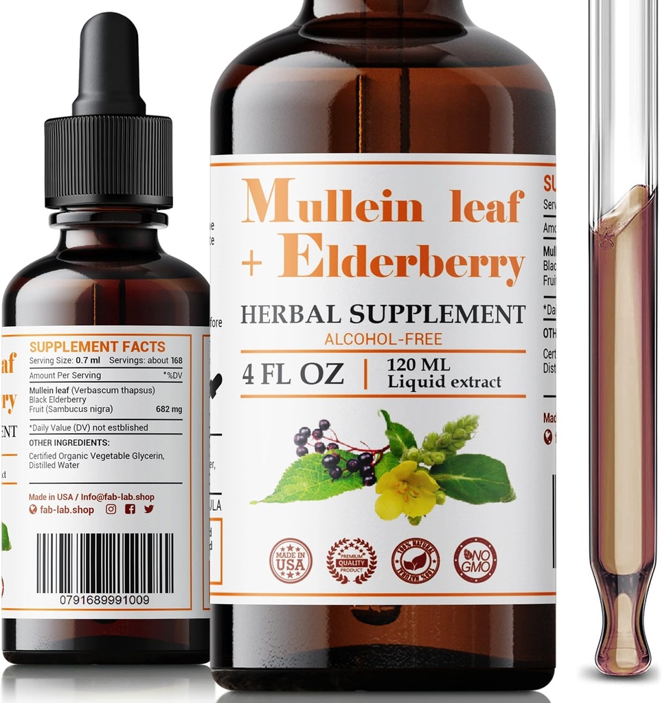 FabLab Mullein Leaf Extract with Elderberry 4 Fl Oz - Fabriqué aux États-Unis - Gouttes pour mieux boire - Teinture de Mullein pour désintoxication pulmonaire - Bronchial Cleanse pour les fumeurs - Supplément à base de plantes respiratoires