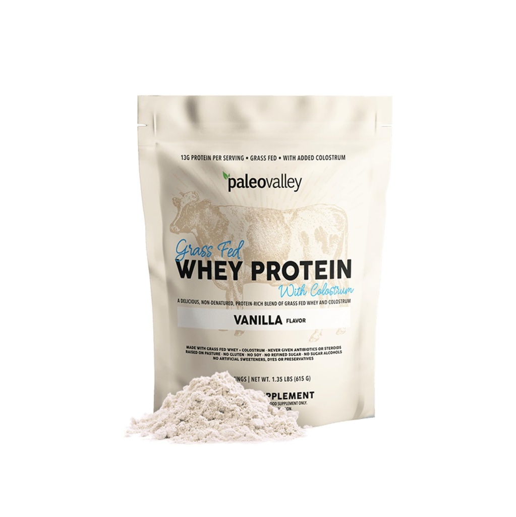 Paleovalley 100% poudre de protéines de lactosérum avec Colostrum, 13g de protéines, Vanille, Muscle Building, Immune Support, Gut Health