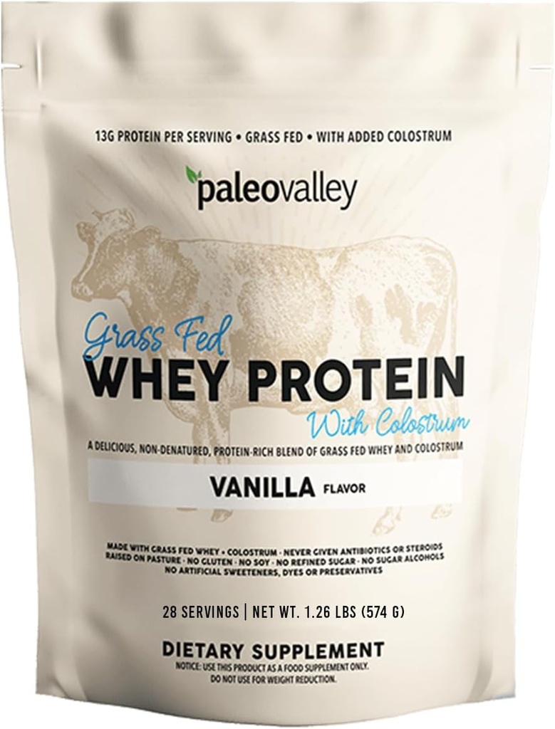 Paleovalley 100% poudre de protéines de lactosérum avec Colostrum, 13g de protéines, Vanille, Muscle Building, Immune Support, Gut Health