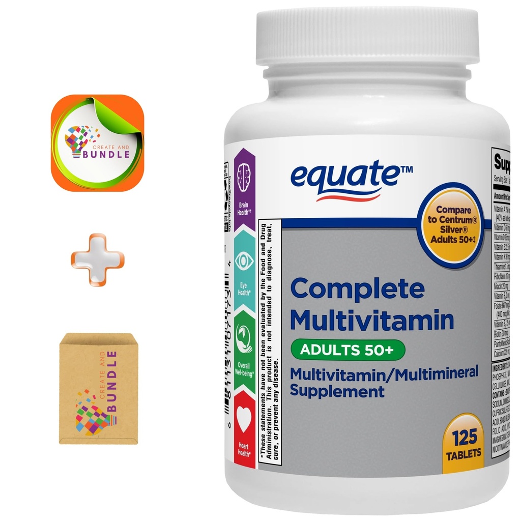 Equite Adulte 50+ Un supplément multivitamine/multiminérale complet quotidien, 125 comprimés, multivitamine complète pour les adultes de plus de 50 ans + Createandbundle Sticker