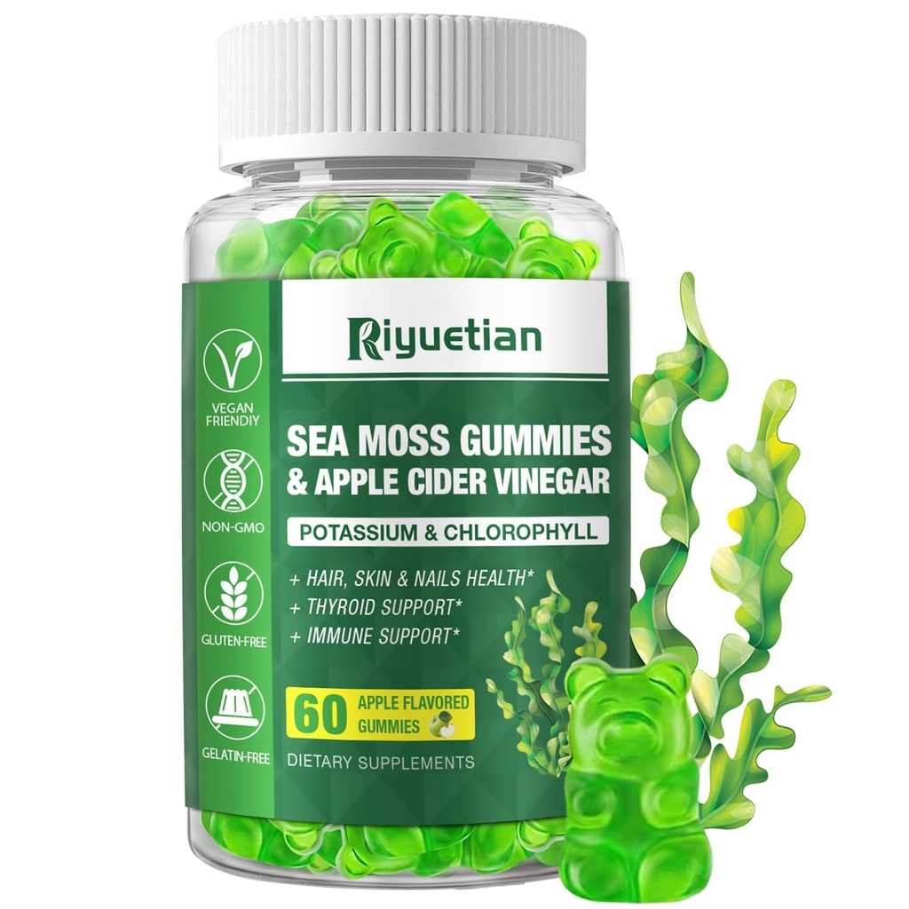 Gummies de mousse de mer - 60 Compte - Fabriqué avec de l'arôme naturel de pomme - Supplément Seamoss pour l'énergie, le soutien immunitaire - Formulé Bladderwrack & Burdock Root - Vegan, non-OGM Irish Moss Gummy