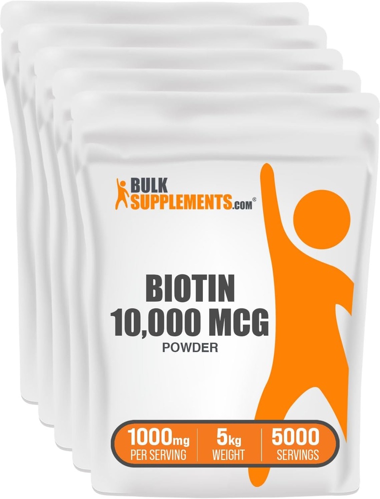 BulkSupplements.com Biotine 10000mcg Poudre - Vitamines pour cheveux, peau et ongles - comme vitamine B7, sans gluten, 1000mg par portion (10mg Biotine), 5kg (11 lbs) (paquet de 5)