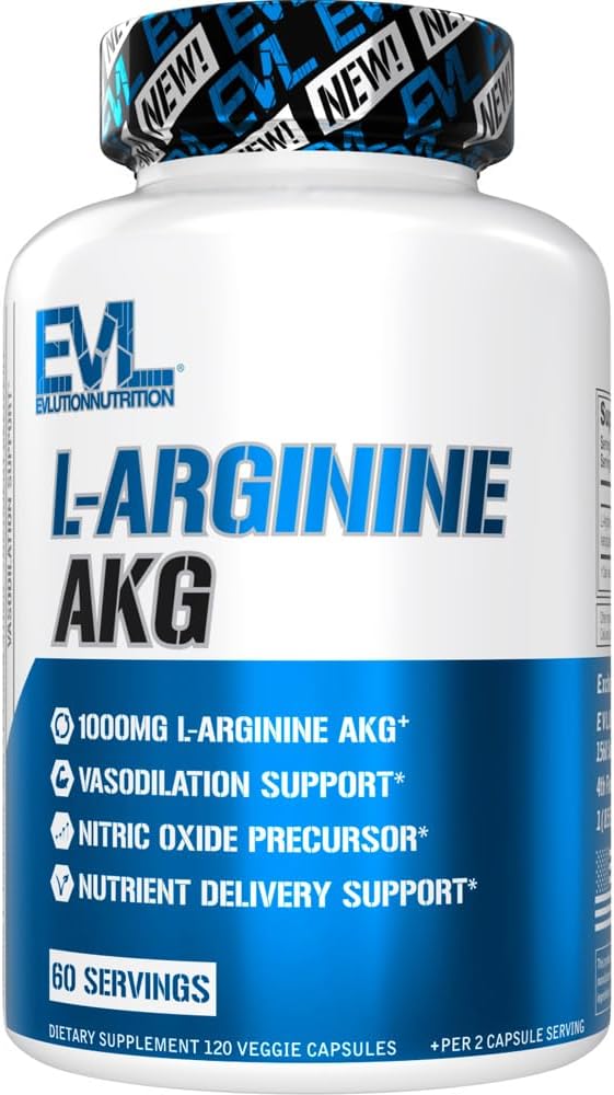 Evlution L-Arginine AKG - Vasodilatation et support de livraison des nutriments - Précurseur à oxyde nitrique - 1000mg L-Arginine AKG - Sans gluten et sans OGM - Complément alimentaire - 60 portions - 120 capsules de légumes