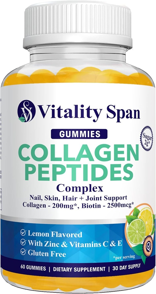 Gommies de collagène avec biotine (2500mcg), vitamine C, E, zinc pour les cheveux, la peau et les ongles, faible sucre, parfum de citron, 60 Gommies, Fabriqué aux États-Unis